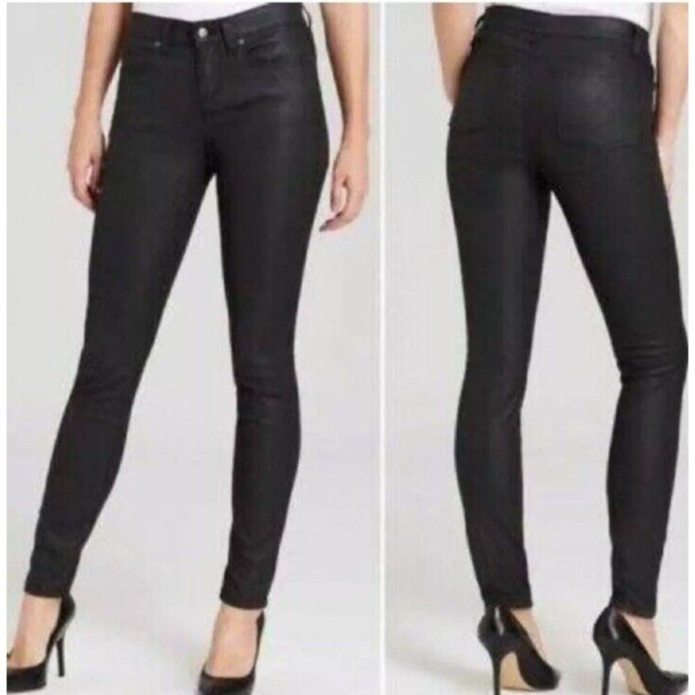 EILEEN FISHER Jeans 10 Waxed Organic Cotton Skinny Stretch Denim Moto Black USA